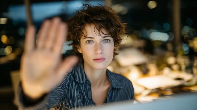 Emotional portrait of woman with raised palm in stop gesture, dim office lighting, papers scattered, symbolic representation of mental exhaustion and boundary setting