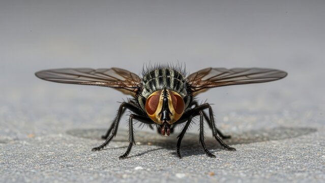 Extreme close up macro photograph of a common housefly with iridescent eyes and detailed wings resting on a textured surface - Powered by Adobe
