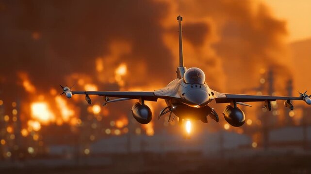 F-16 viewed from below against glowing orange refinery smoke, contrast of advanced technology and raw industry
