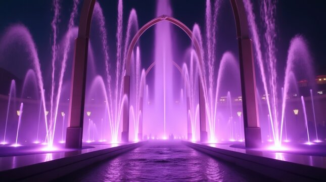 A mesmerizing view of a modern fountain display at night illuminated with vibrant purple lights. - Powered by Adobe