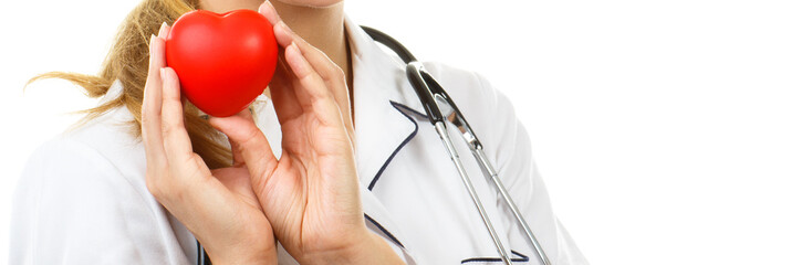 Hand of doctor holding red heart. Health care and treatment. Place for text