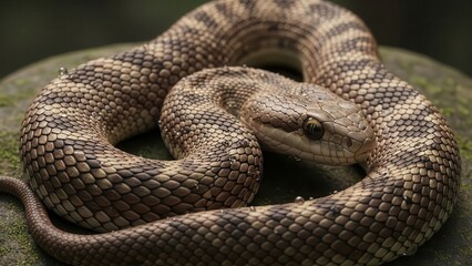 Fototapeta premium Close up of a coiled viper snake with intricate scale patterns and a focused gaze resting on a textured surface