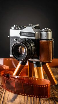 Vintage Camera with Wooden Tripod and Film Roll on Wood Surface against Black Background