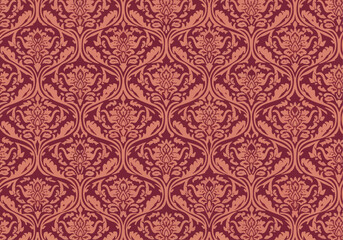 Seamless red floral damask pattern with antique gold baroque decoration and vintage textile texture