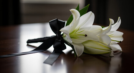 Solemn funeral service with elegant dark wooden coffin draped in black fabric, adorned with single white lily and intricate decorative cross. Grief and remembrance permeate profound funeral service,