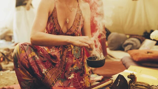 Spiritual healing ceremony, Mystical gathering with aromatic incense, Cleansing ritual held in tipi.
