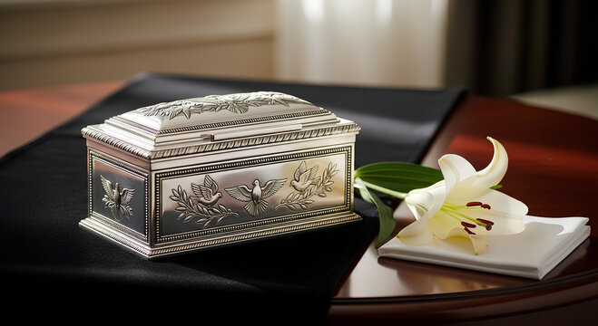 Ornate silver box with delicate lily and tissues for memorial service on a dark draped table. This respectful memorial service arrangement features a reflective container and fresh white flower.