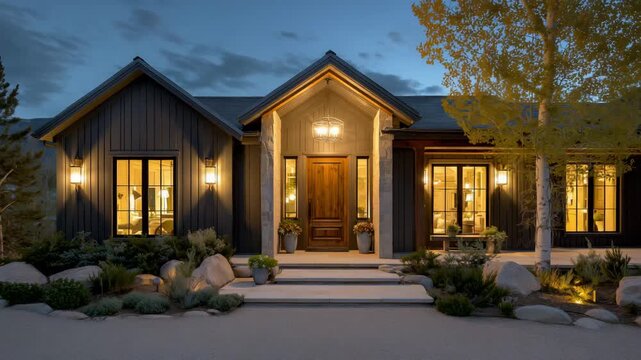 Rustic-modern home front view with gray vertical siding, solid wood entry door, wrought iron sconces on both sides, and an industrial-style hanging lamp radiating warmth above
