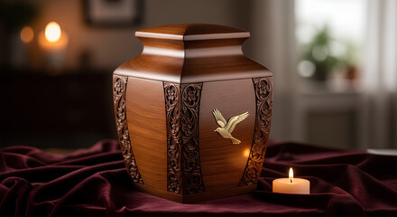 Wooden cremation urn with golden dove emblem sits on draped velvet fabric. Handcrafted cremation urn displays intricate carvings, softly lit by nearby candle flame.