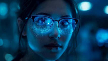 Young Woman with Glasses Illuminated by Blue Digital Light Reflections Creating Intense Technology Driven Mood and Modern Cyber Atmosphere - Powered by Adobe