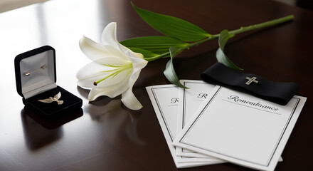 White lily flower alongside dove pendant in open box, symbolizing solace during funeral service. Remembrance cards and black ribbon with cross adorn dark table, representing respect,