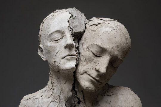 Visual concept depicting codependent relationships through clay sculpture figures that are breaking apart from each other, featuring fractures and missing fragments.