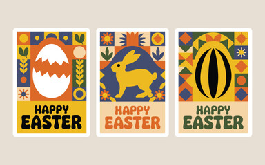 Retro Folk-Art Easter Poster Set with Bunny, Eggs and Floral Geometric Elements – Colorful Spring Holiday Vector Pack