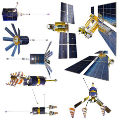Navigation communication space satellites set isolated on transparency background