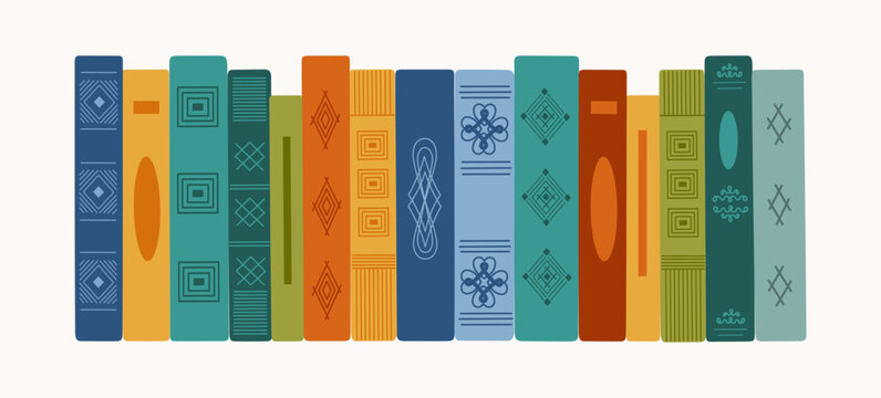 Set of vertically standing books in colored covers. Pile fiction literature or textbooks. Education and knowledge concept. Hand drawn vector illustration isolated on white background, flat style.