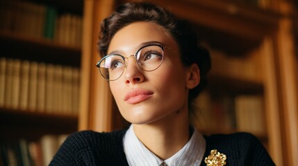 Woman wearing glasses in library.