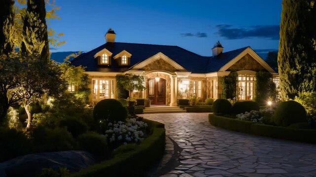 Sophisticated twilight scene of a luxury residence, rich stonework and warm interior lights blending beautifully with the blue hour sky, manicured gardens outlining the home&rsquo;s silh