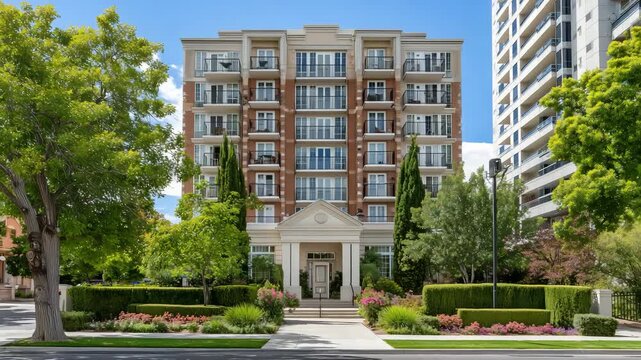 Sunlit mid-rise property with warm red brick tones, beige trim, and large balconies casting patterned shadows on green lawns, surrounded by decorative hedges beneath a cloudless bl