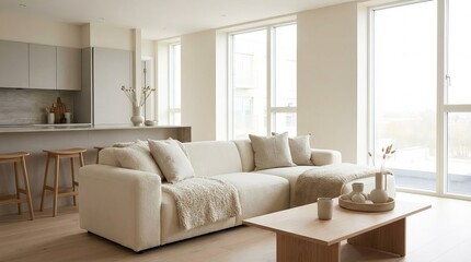 Contemporary open-concept living room featuring clean lines, neutral tones, cozy seating, modern, inviting home atmosphere