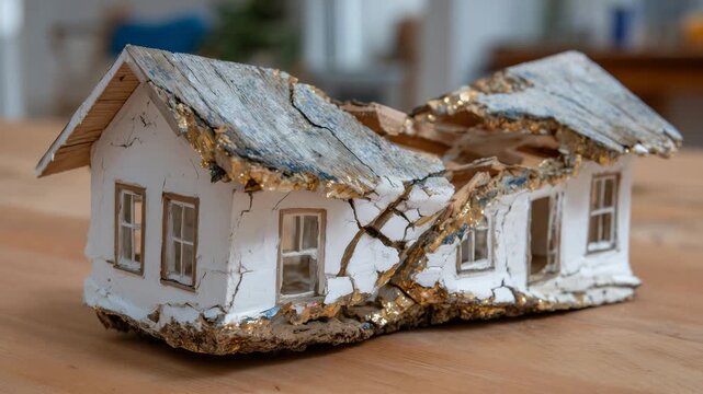 Tiny model home showing visible cracks and leaning walls, resting on a smooth wood surface, roof panels misaligned to emphasize construction defects