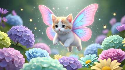 Fototapeta premium Fairy Kitten Flying Among Flowers.