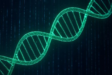 Glowing green dna helix with digital data background