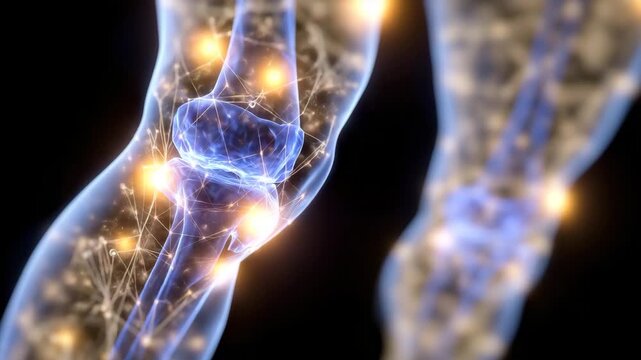 Transparent anatomical view of the human knee joint showing detailed ligaments, cartilage, and skeletal connections, orange-highlighted area denoting arthritis pain, medical illust