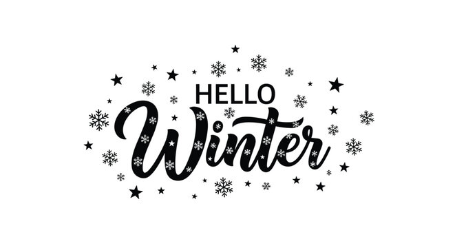 Hand-lettered 'Hello Winter' text with festive snowflakes and stars, a seasonal graphic isolated on a white background.
