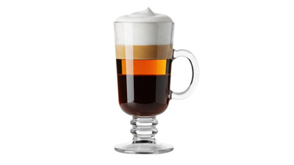 Isolated Irish Coffee beverage in fancy footed glass with layers of coffee liqueur cream