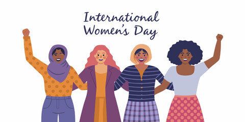 Celebrating international women s day with diverse group of women raising hands