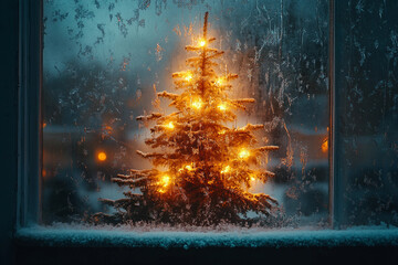 Generative ai image of glowing christmas tree seen through frosty winter window creating cozy festive holiday mood