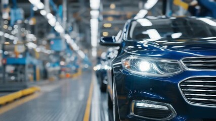 Wide shot of automotive assembly line, high-resolution detail of new cars aligned in rows, reflective paint and chrome highlighted by industrial lighting, factory environment clear