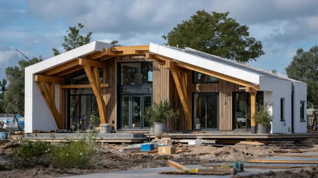 Visualization of construction progress modern timber frame house halfway completed, with raw beams transitioning into sleek contemporary fa&ccedil;ade with wood cladding and wide windows