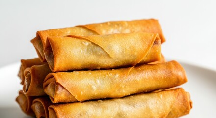 Crispy spring rolls stacked on a white plate with golden fried texture closeup