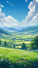 Serene Meadow Landscape Under Blue Sky with Lush Green Hills