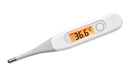 Digital thermometer with illuminated display showing normal body temperature. Isolated on white, representing health monitoring and wellness.