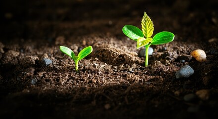 Seedling sprouts emerging from dark fertile soil hinting at fresh early growth