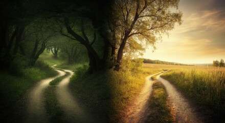 Winding path dividing dark forest and sunlit field with contrasting moods