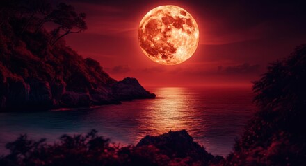 Full red moon rising above a calm sea with silhouetted coastal cliffs at dusk