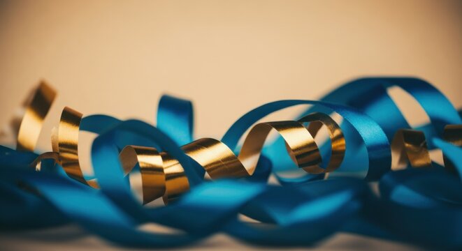 Blue and gold ribbons curled in flowing loops across a warm neutral backdrop - Powered by Adobe