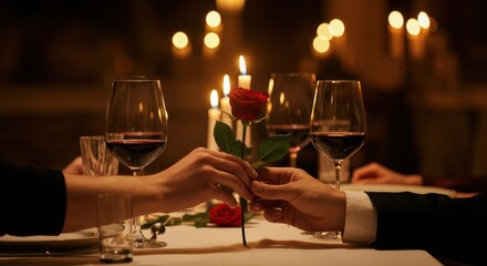 Couple exchanging a red rose at a romantic candlelit dinner with wine glasses