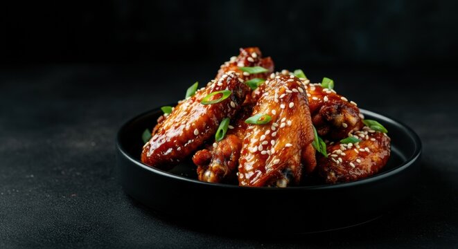 Glazed chicken wings topped with sesame seeds and scallions on dark plate - Powered by Adobe