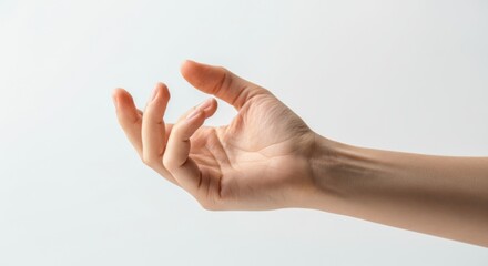 Hand reaching outward with open palm and gentle curved fingers over white space