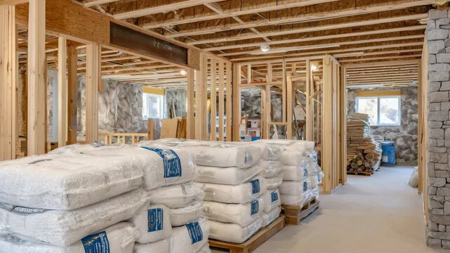 Wide-angle view of unfinished basement, structural framing, insulation rolls stacked nearby, concrete walls and ceiling beams visible, ready for interior finishing