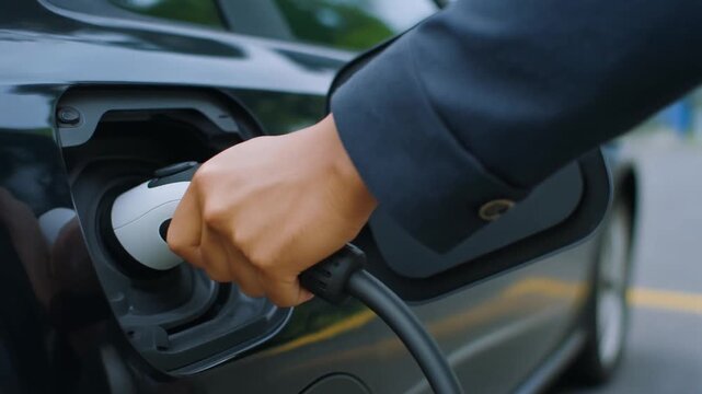 A person charging an electric vehicle at a charging station.