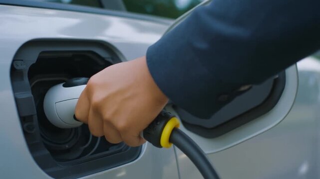 An electric vehicle being charged with a charging station connector.