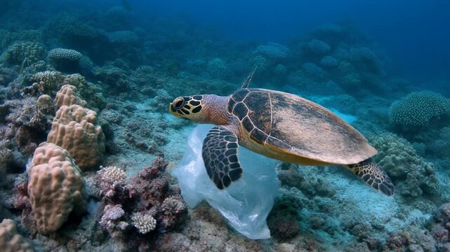 A turtle interacting with a plastic bag underwater.