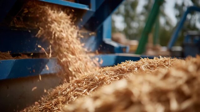 Wood chips falling from industrial machinery into a container, high-resolution capture showing individual chips, motion and texture emphasized, soft-focused factory background