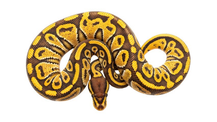 Isolated colorful royal python curled up, a vibrant pet snake with yellow and brown markings