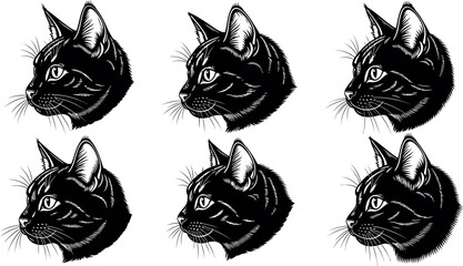 Repeating pattern of black cat heads in a vintage etched illustration style © RAC.Design-Magic
